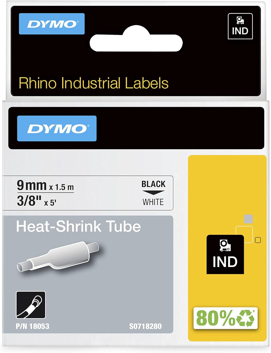 18053 Dymo Rhino Heat-Shrink 9mm x 1.5m Black on White