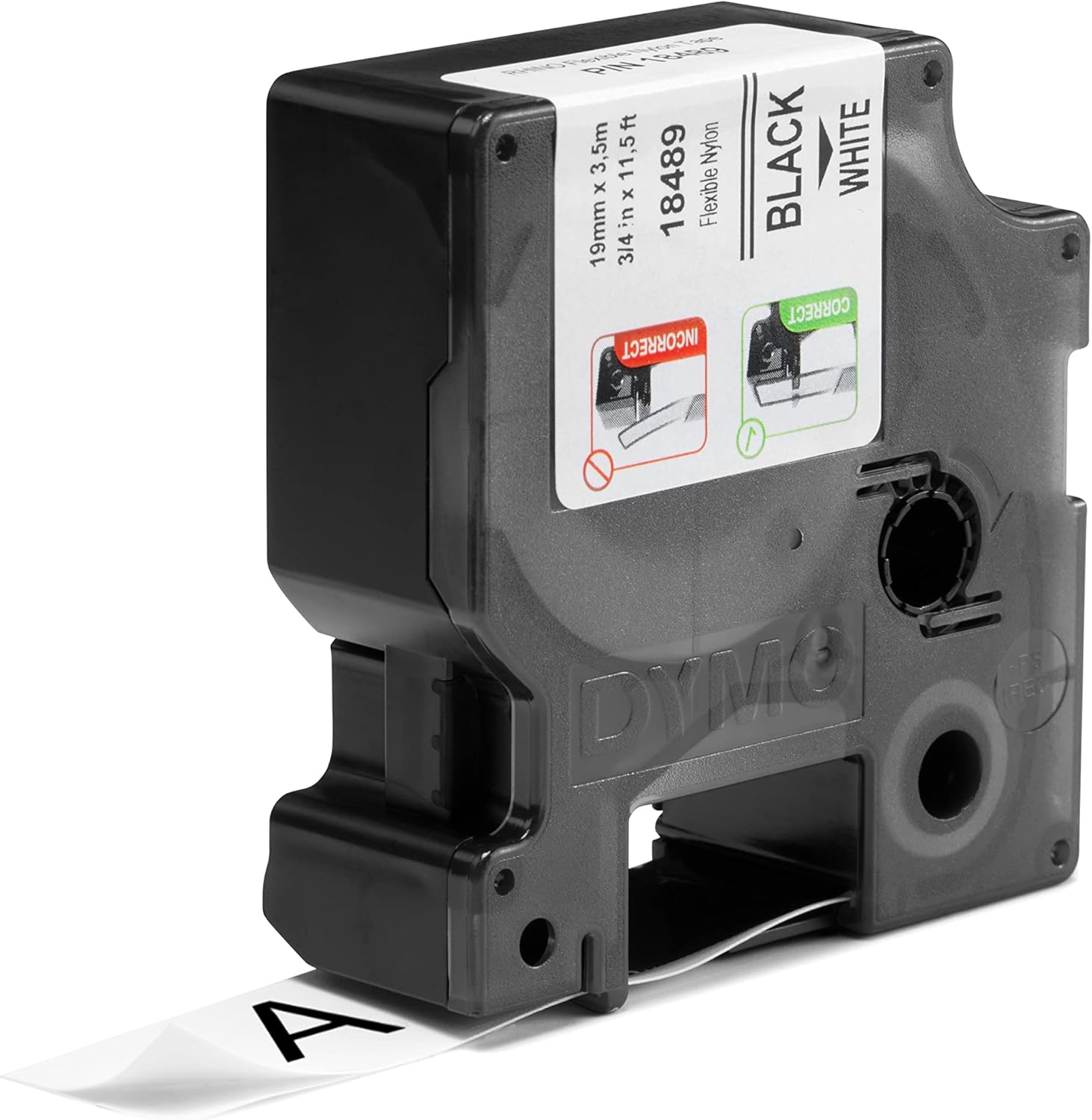 18489 Dymo Rhino Flexible Nylon 19mm x 3.5m Black on White Adhesive Tape