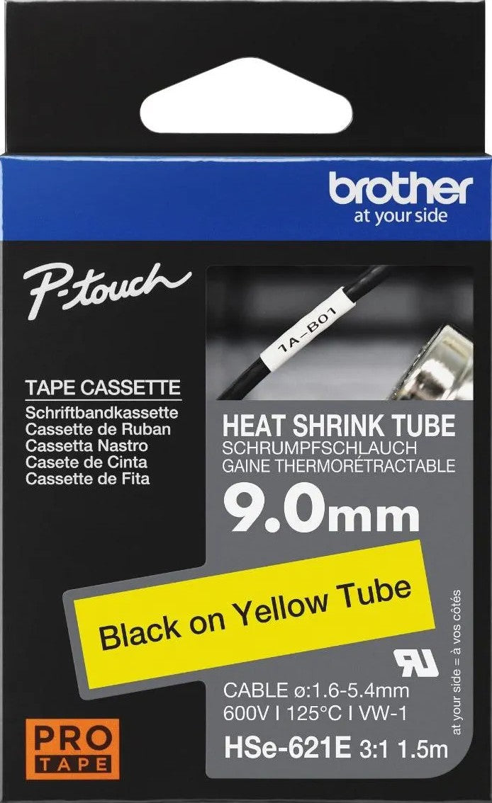 HSe-621E Brother 9.0mm x 1.5m Black On Yellow Heat Shrink Tube