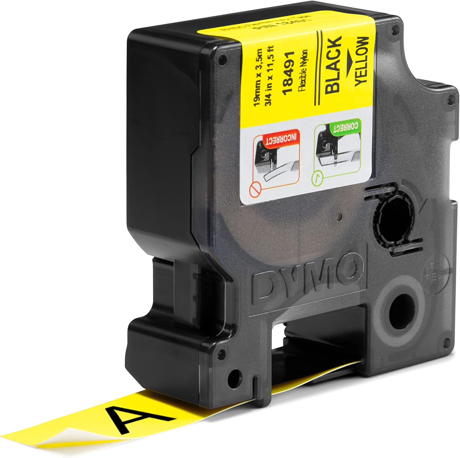 18490 Dymo Rhino Flexible Nylon 12mm x 3.5m Black on Yellow Adhesive Tape