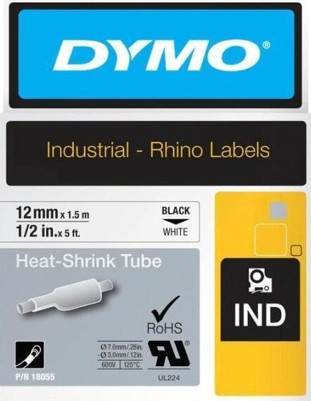 18055 Dymo Rhino Heat-Shrink 12mm x 1.5m Black on White