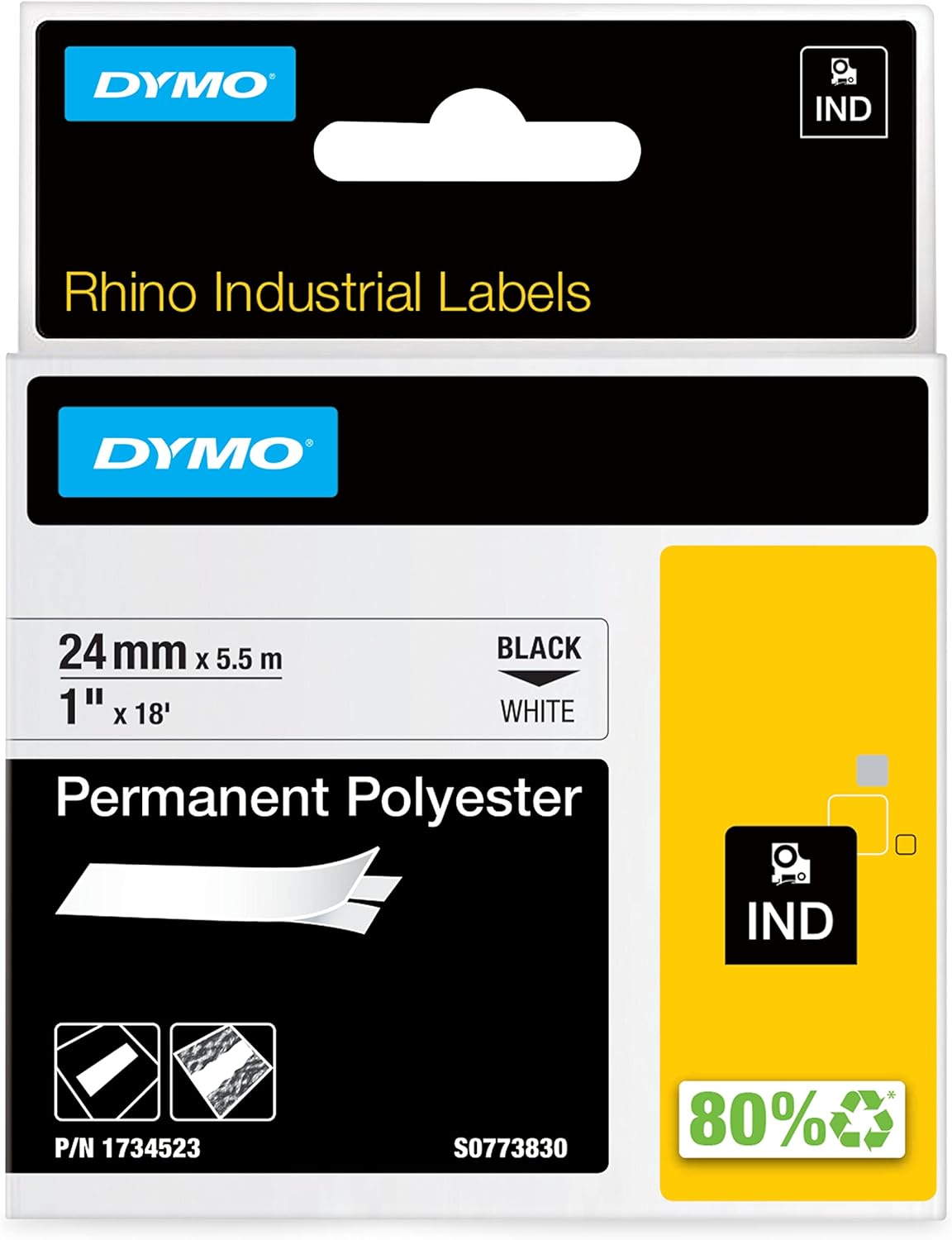 1734523 Dymo Rhino Perm Polyester 24mm x 5.5m Black on Clear Adhesive Tape