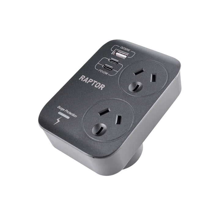 Raptor 2 Outlet Slimeline Double Adaptor, 45W USB