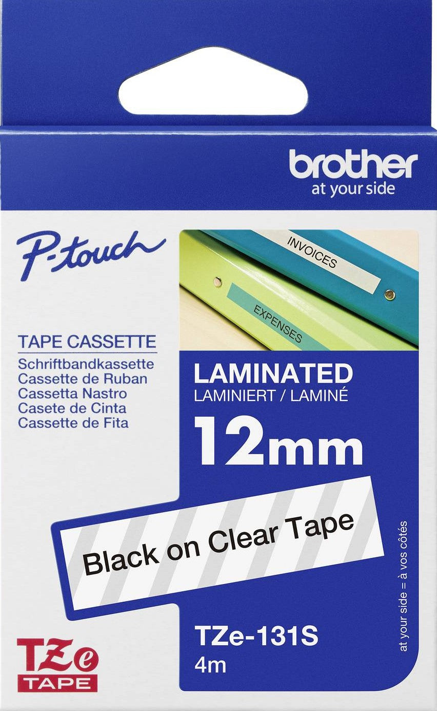 TZe-131S Brother 12mm x 4m Black on Clear Adhesive Laminated Tape