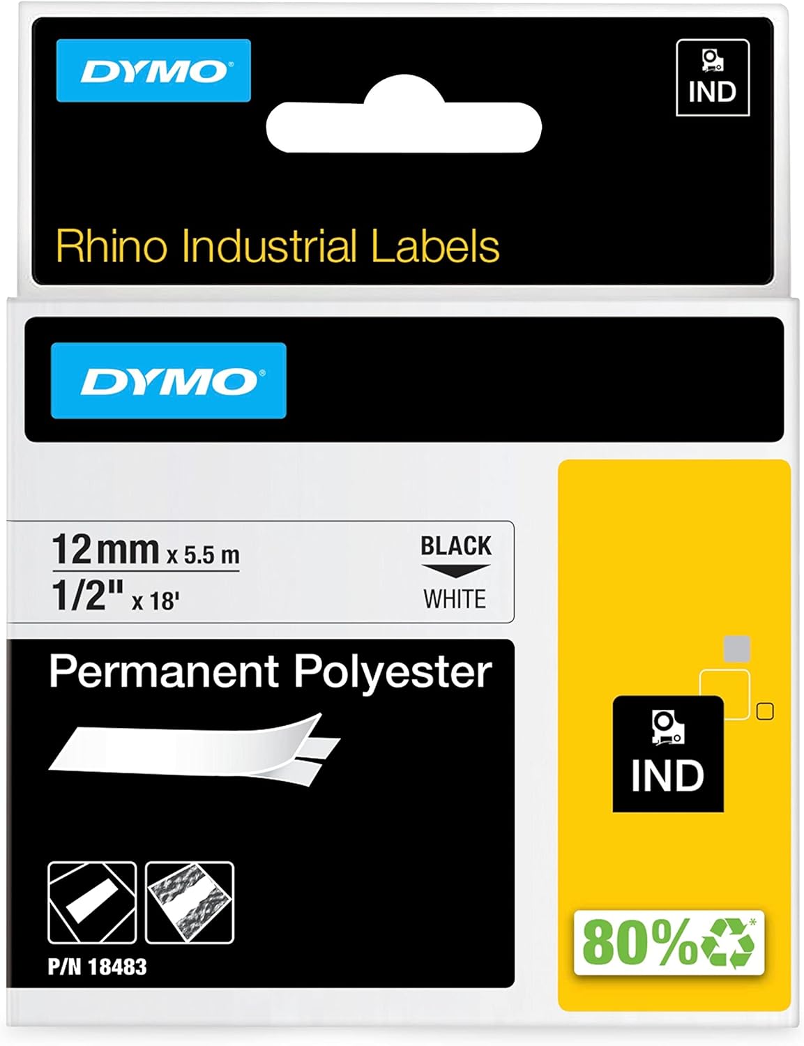 18483 Dymo Rhino Perm Polyester 12mm x 5.5m Black on White Adhesive Tape