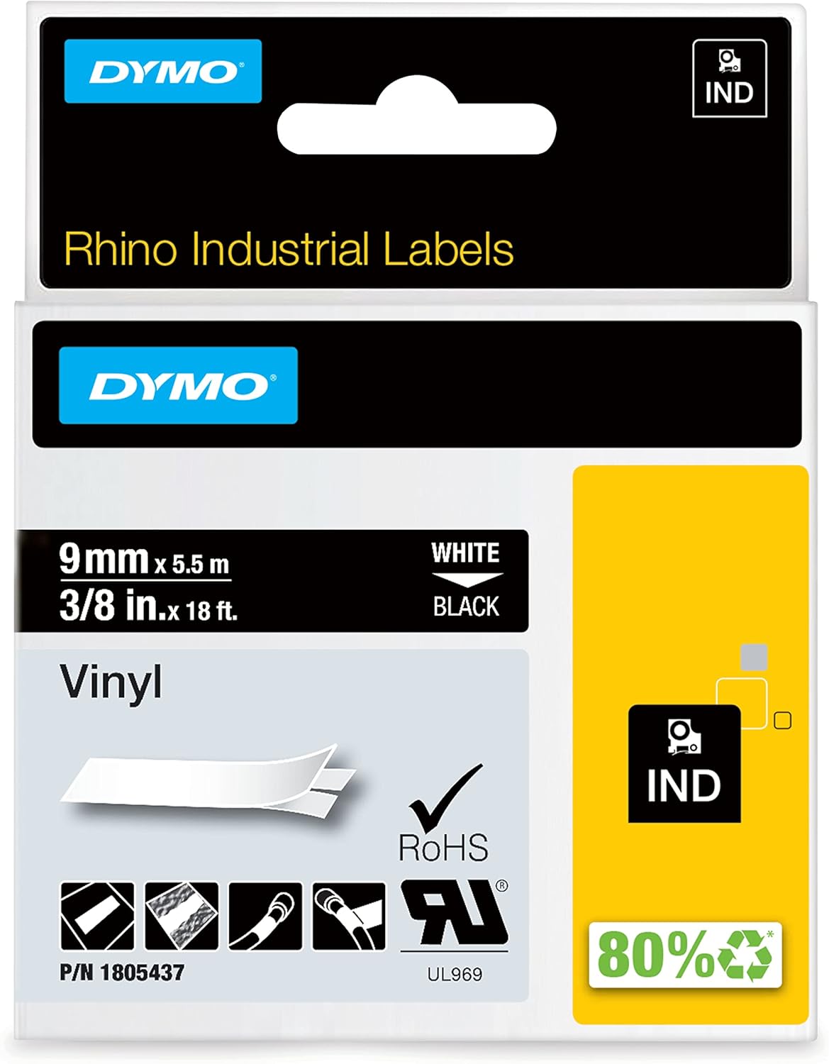 1805437 Dymo Rhino Vinyl 9mm x 5.5m White on Black Adhesive Tape