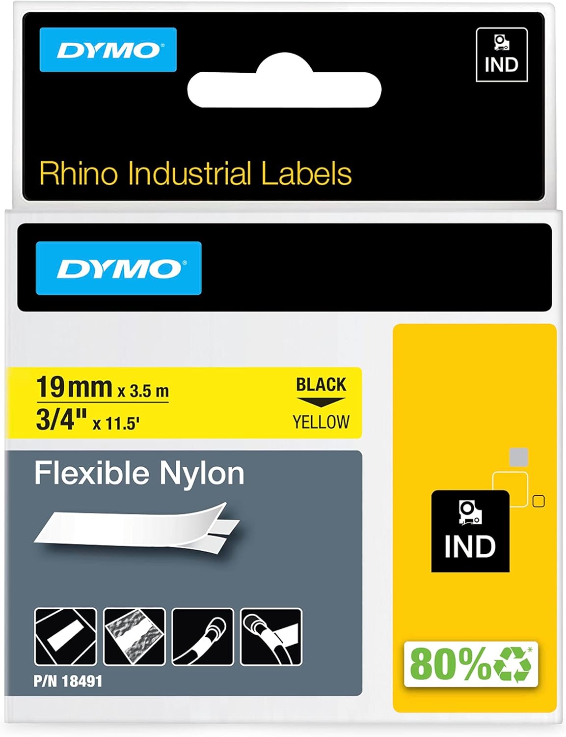 18491 Dymo Rhino Flexible Nylon 19mm x 3.5m Black on Yellow Adhesive Tape