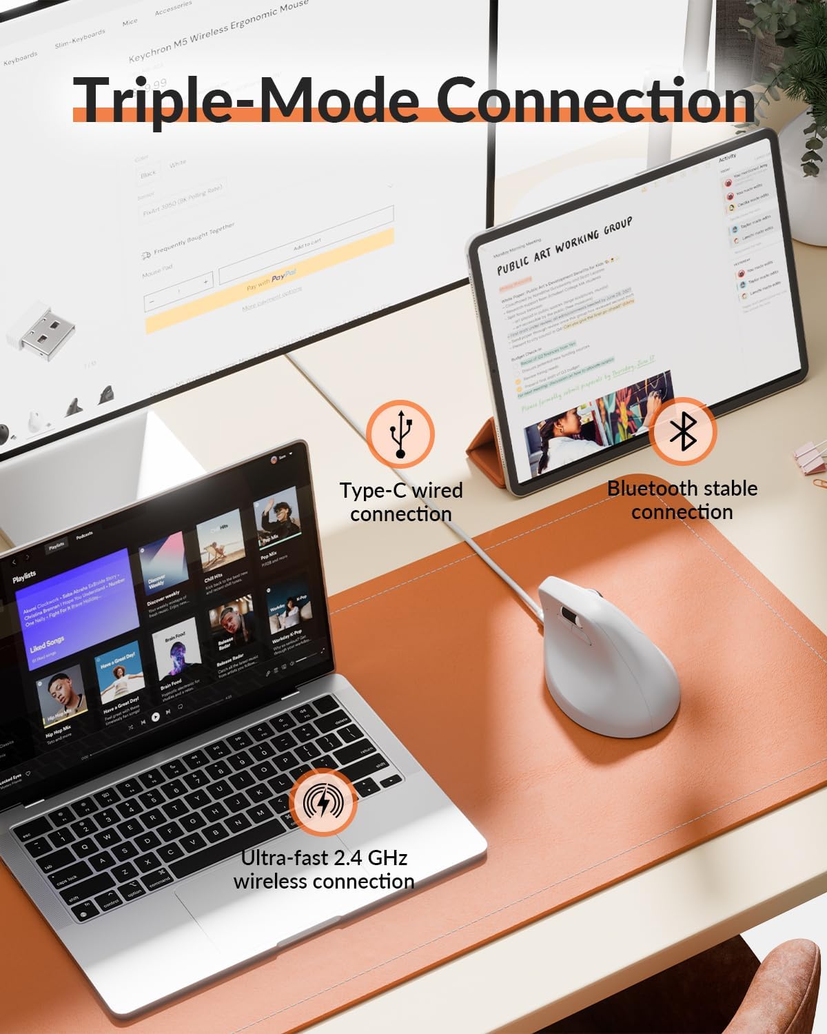 Keychron M5 Ergonomic Wireless/Bluetooth Mouse - White