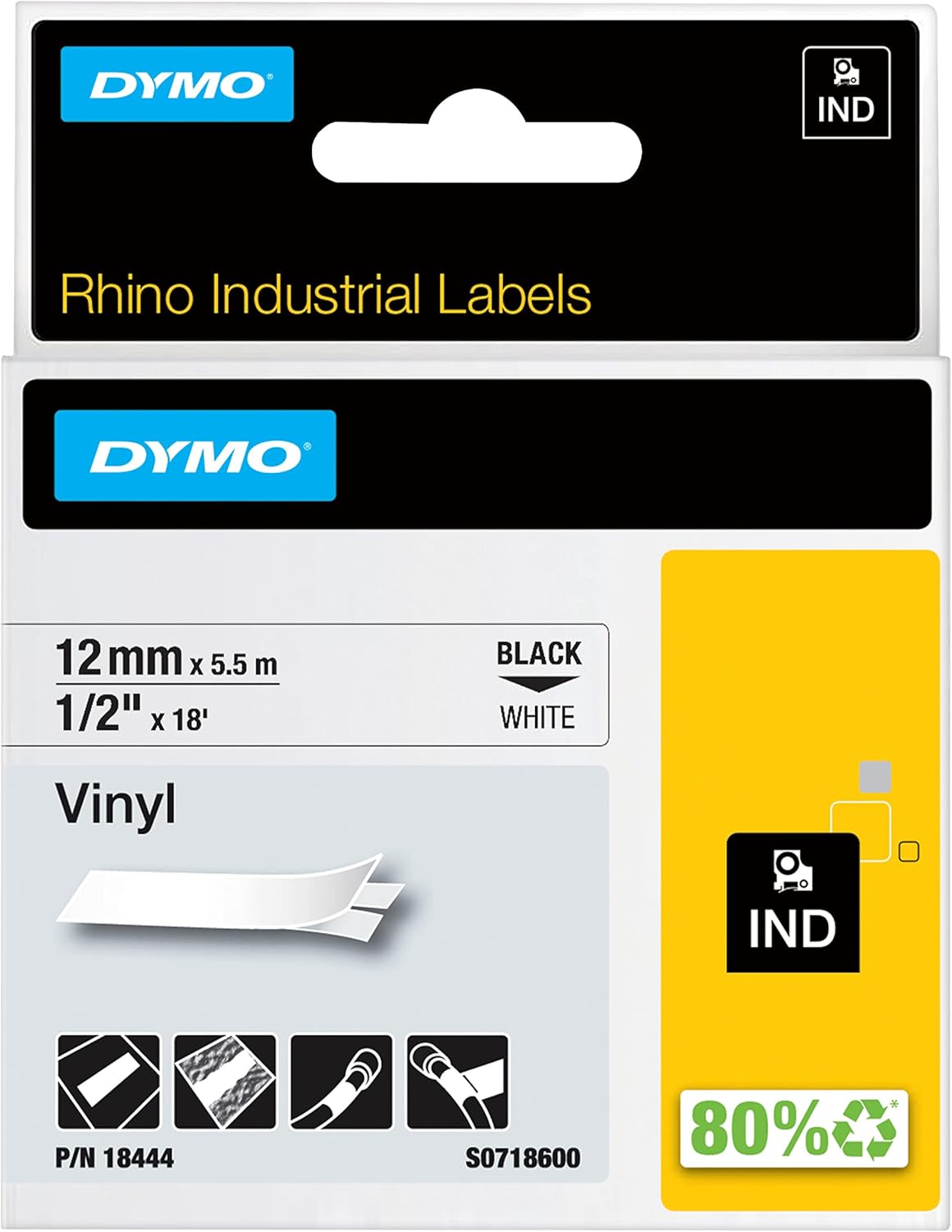 18444 Dymo Rhino Vinyl 12mm x 5.5m Black on White Adhesive Tape