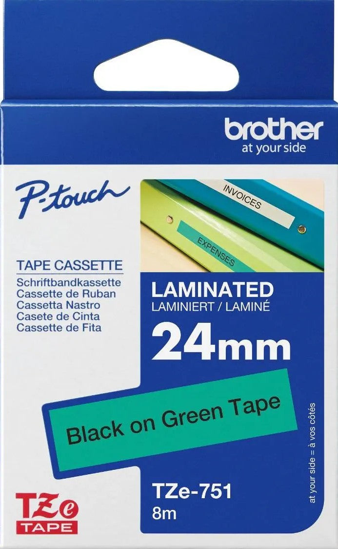 TZe-751 Brother 24mm x 8m Black on Green Adhesive Laminated Tape
