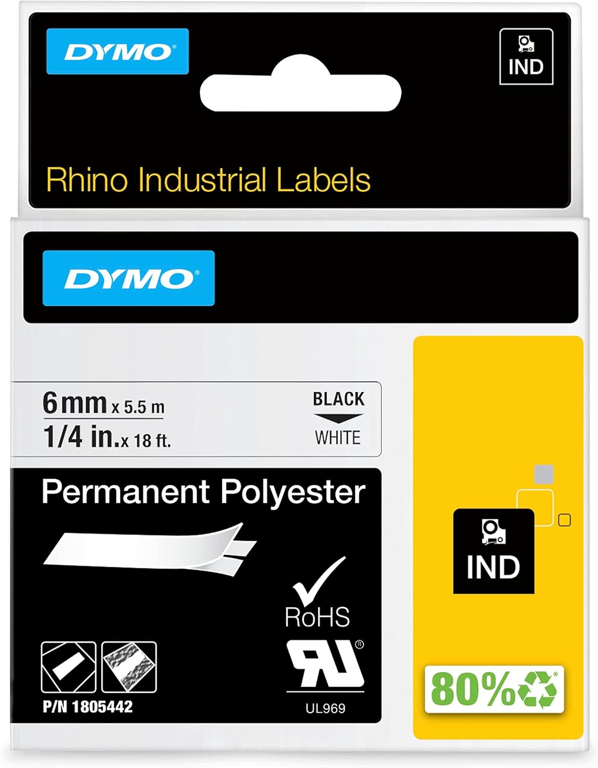 1805442 Dymo Rhino Perm Polyester 6mm x 5.5m Black on White Adhesive Tape