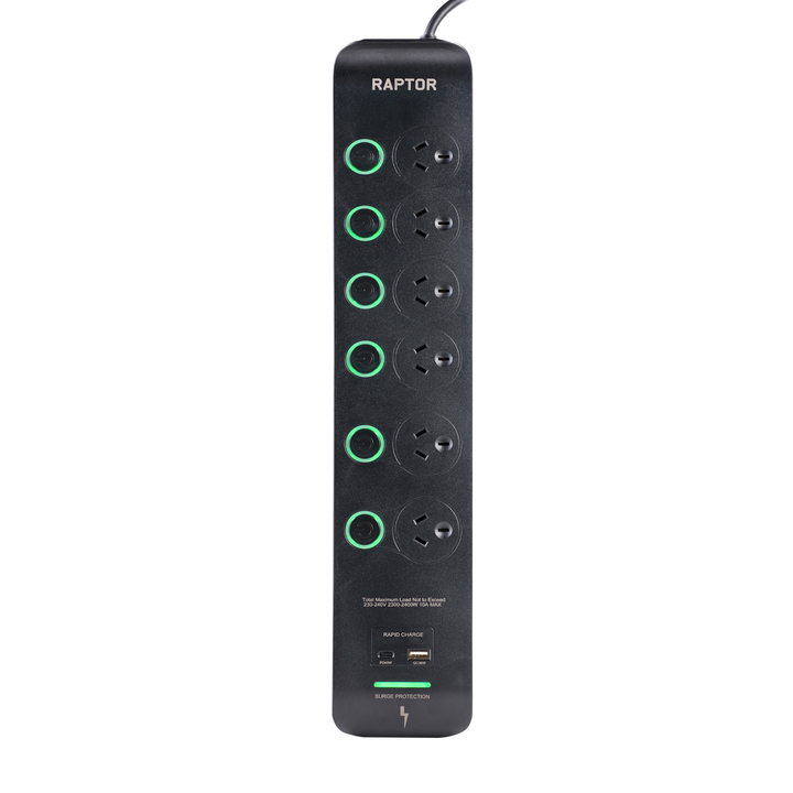 Raptor 6 Individually Switched Outlets Powerboard, 45W USB