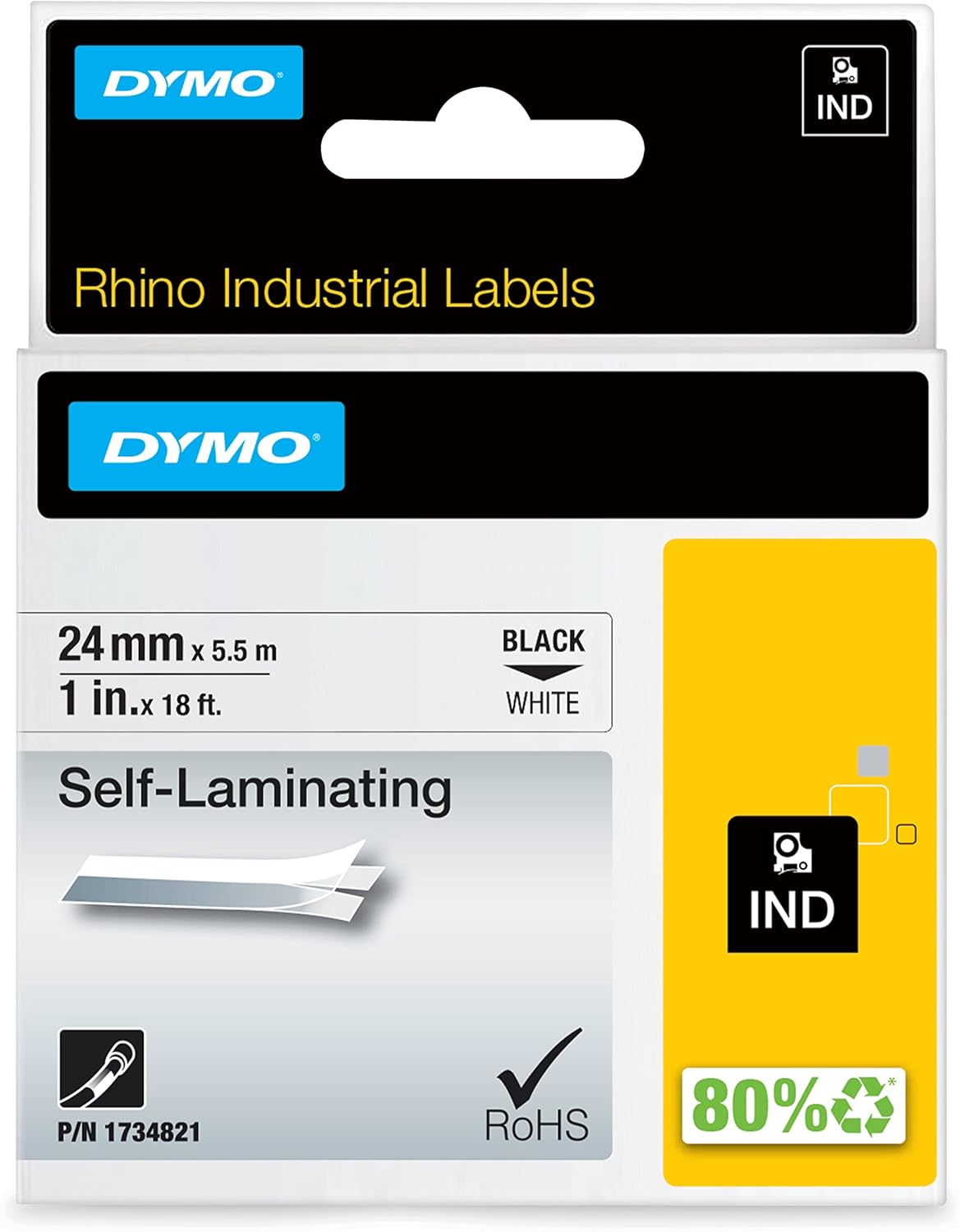 1734821 Dymo Rhino Vinyl 24mm x 5.5m Black on White Adhesive Tape