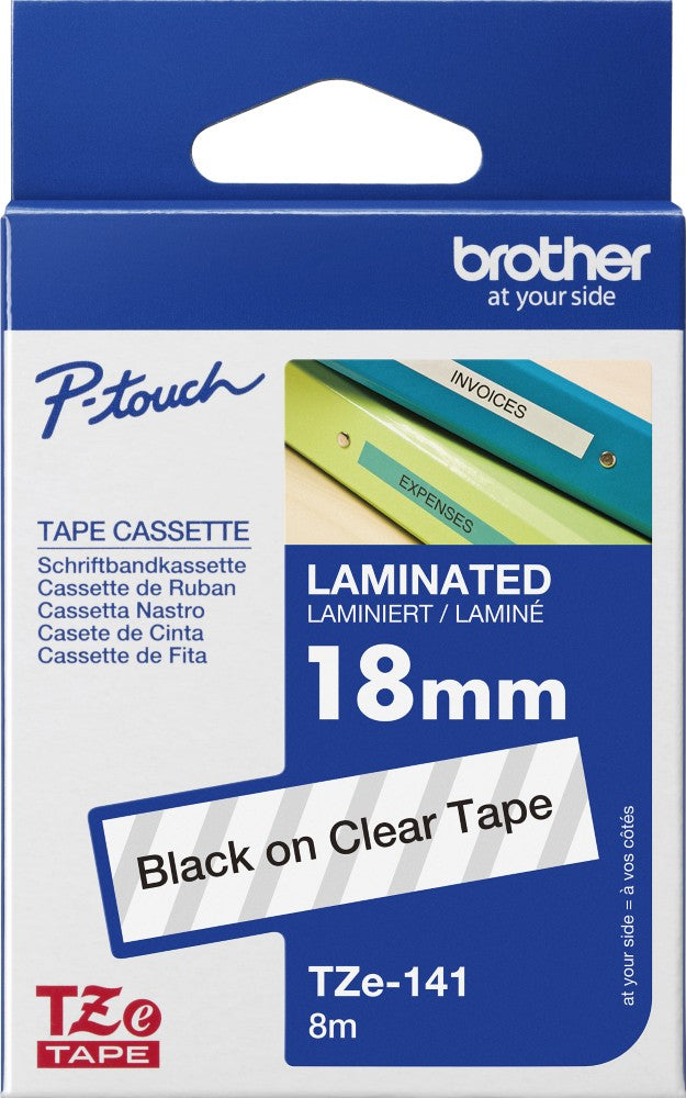 TZe-141 Brother 18mm x 8m Black on Clear Adhesive Laminated Tape