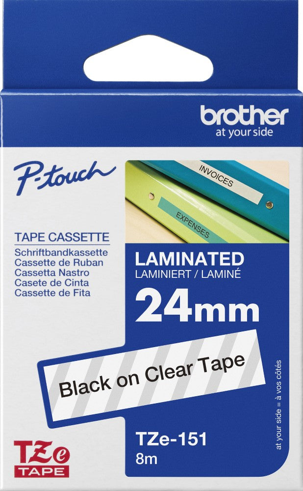 TZe-151 Brother 24mm x 8m Black on Clear Adhesive Laminated Tape
