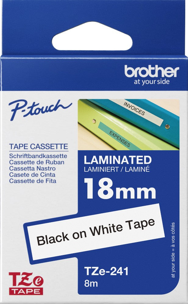 TZe-241 Brother 18mm x 8m Black on White Adhesive Laminated Tape