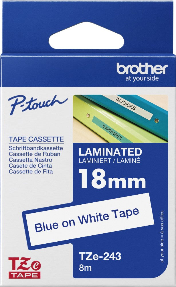 TZe-243 Brother 18mm x 8m Blue on White Adhesive Laminated Tape