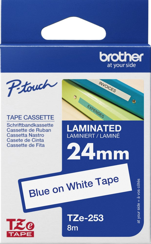 TZe-253 Brother 24mm x 8m Blue on White Adhesive Laminated Tape