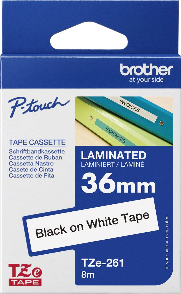 TZe-261 Brother 36mm x 8m Black on White Adhesive Laminated Tape