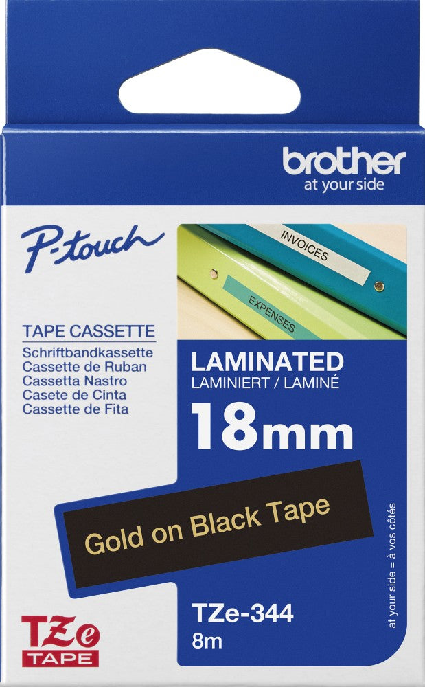 TZe-344 Brother 18mm x 8 Gold on Black Adhesive Laminated Tape