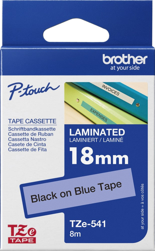 TZe-541 Brother 18mm x 8m Black on Blue Adhesive Laminated Tape