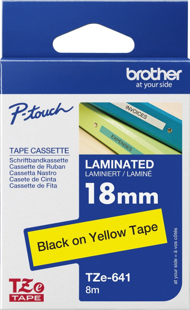 TZe-641 Brother 18mm x 8m Black on Yellow Adhesive Laminated Tape