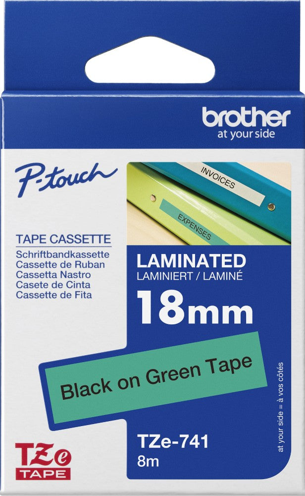 TZe-741 Brother 18mm x 8m Black on Green Adhesive Laminated Tape