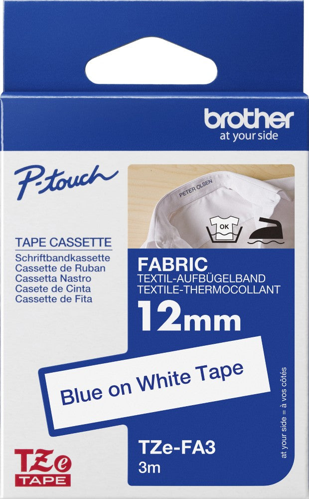 TZe-FA3 Brother 12mm x 3m Blue on White Fabric Tape