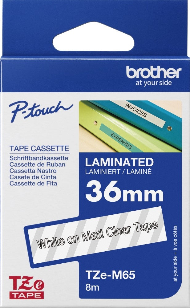 TZe-M65 Brother 36mm x 8m White on Clear Matt Adhesive Laminated Tape
