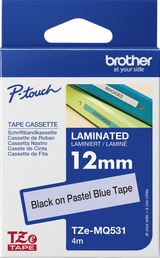 TZe-MQ531 Brother 12mm x 4m Black on Pastel Blue Adhesive Laminated Tape
