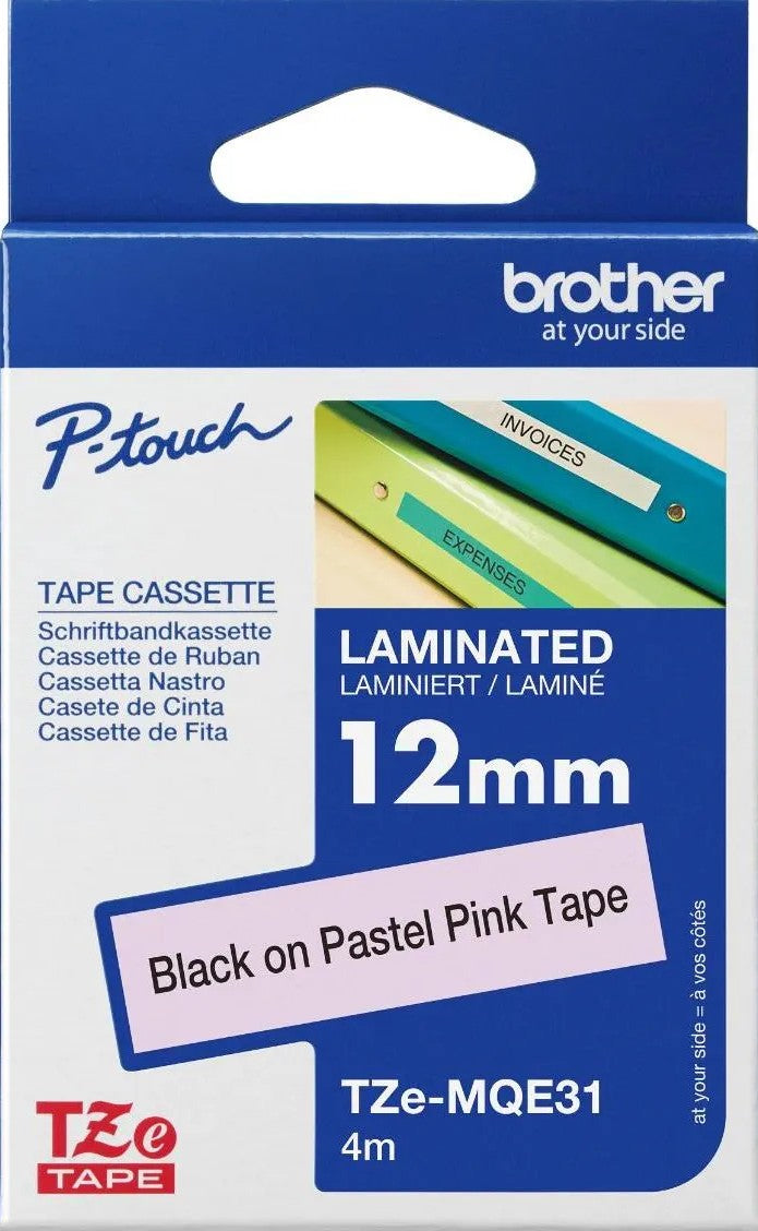 TZe-MQE31 Brother 12mm x 4m Black on Pastel Pink Laminated Tape