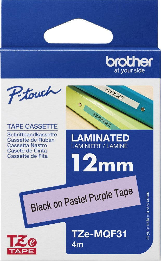 Tze-MQF31 Brother 12mm x 4m Black on Pastel Purple Tape