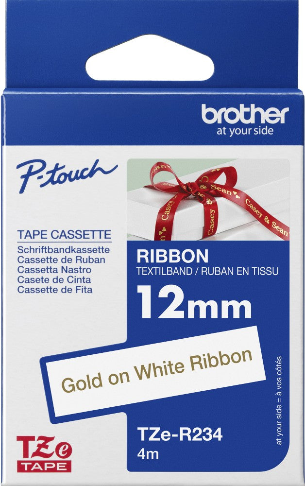 TZe-R234 Brother 12mm x 4m Gold on White Ribbon