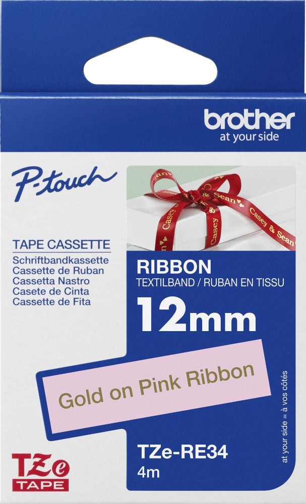 TZe-RE34 Brother 12mm x 4m Gold on Pink Ribbon