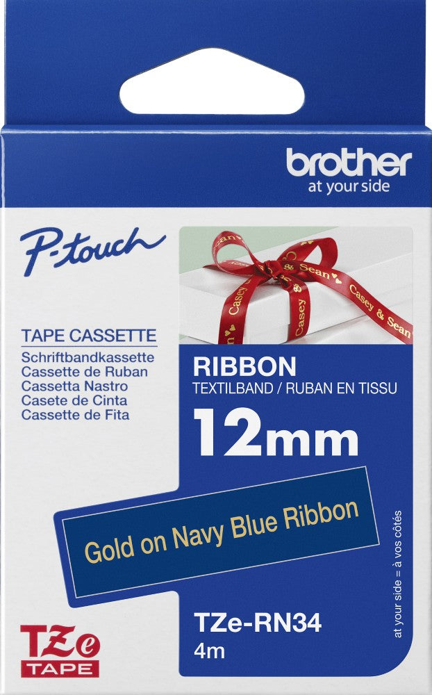TZe-RN34 Brother 12mm x 4m Gold on Navy Blue Ribbon