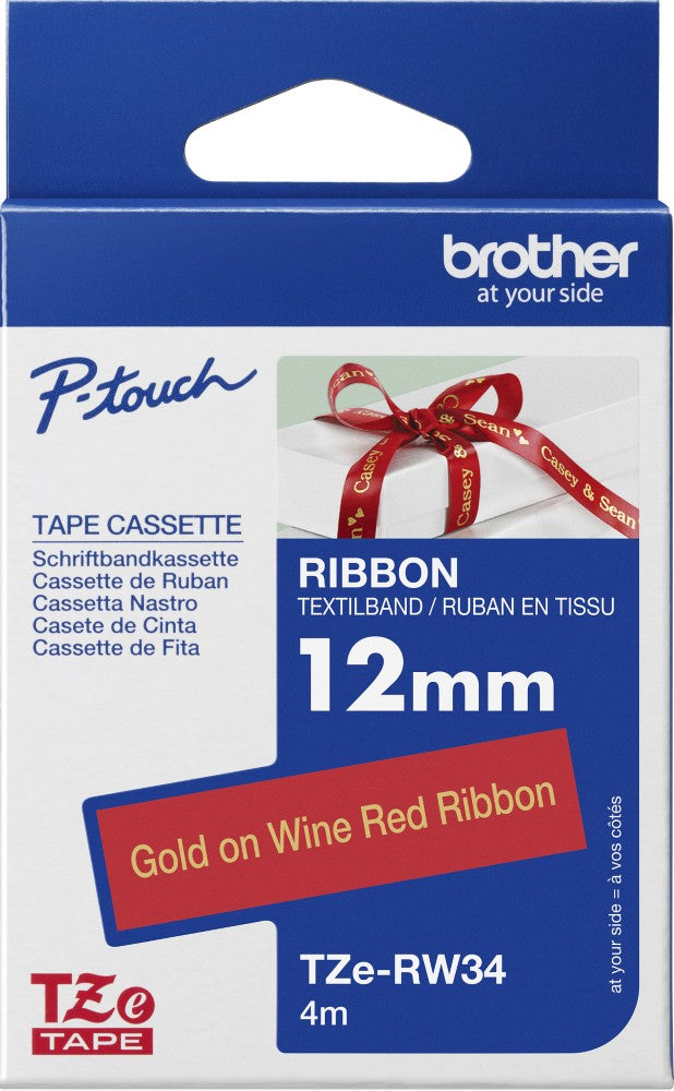 TZe-RW34 Brother 12mm x 4m Gold on Wine Red Ribbon