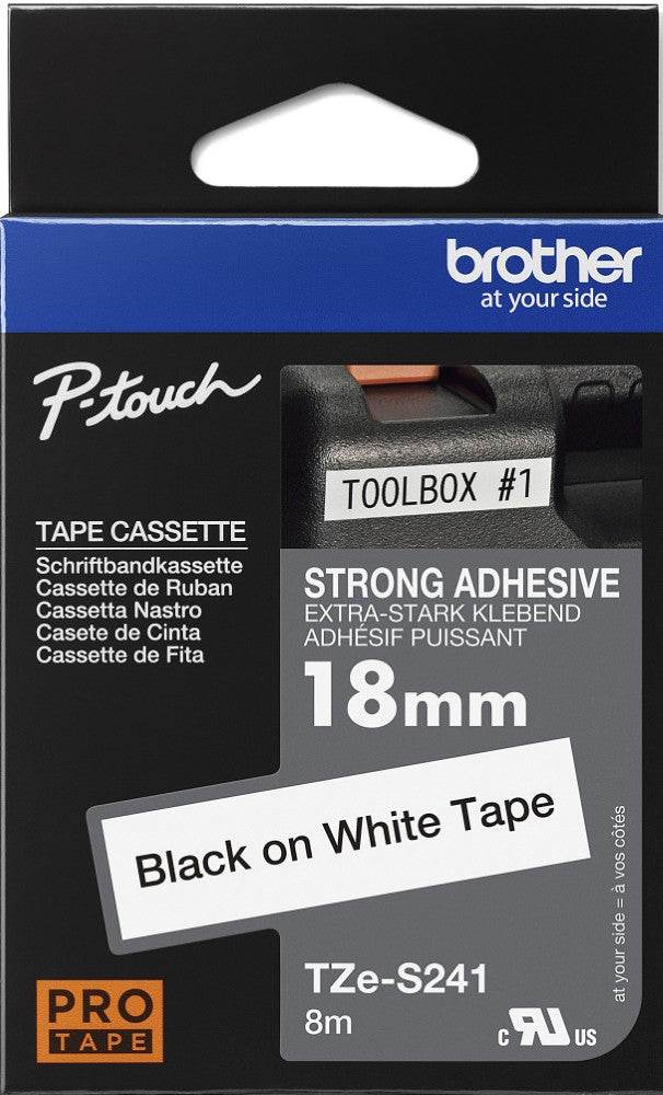 TZe-S241 Brother 18mm x 8m Black on White Strong Adhesive Laminated Tape