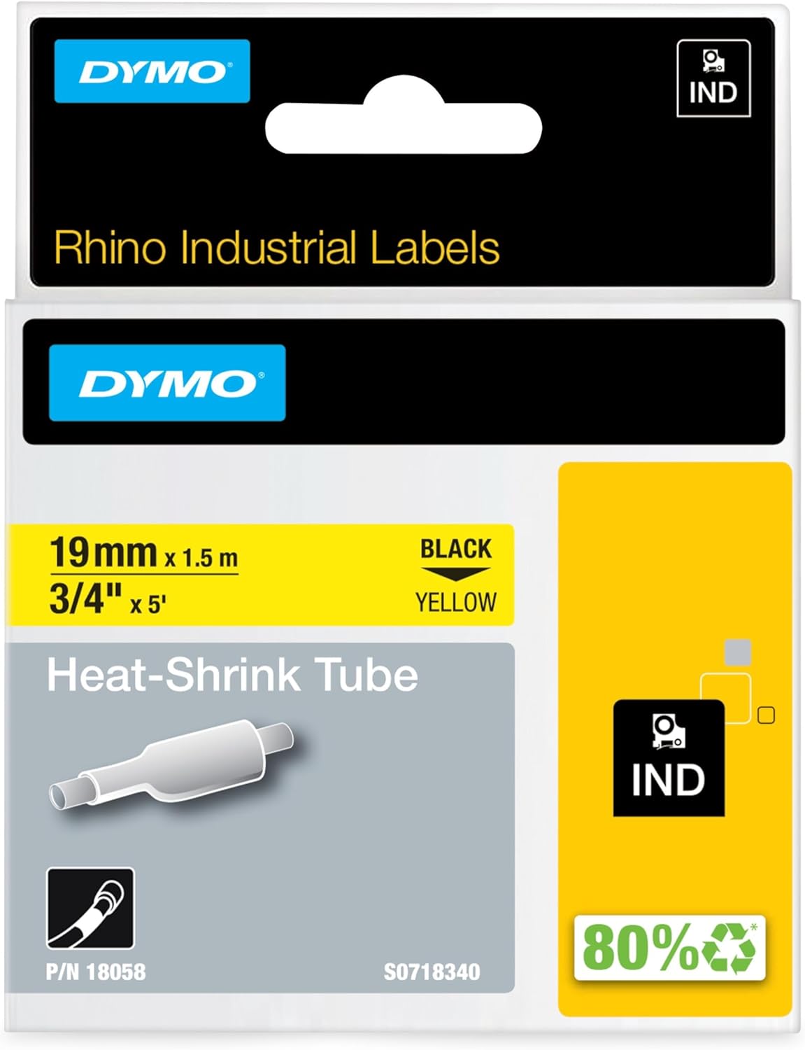 18058 Dymo Rhino Heat-Shrink 19mm x 1.5m Black on Yellow