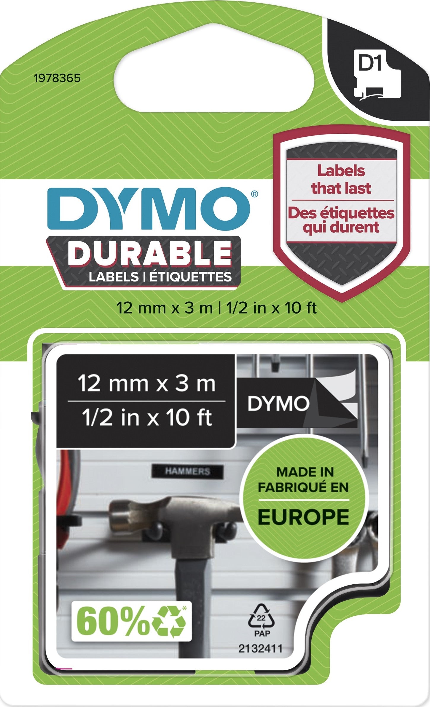 Genuine 1978365 Dymo D1 12mm x 3m Durable Label Tape White on Black