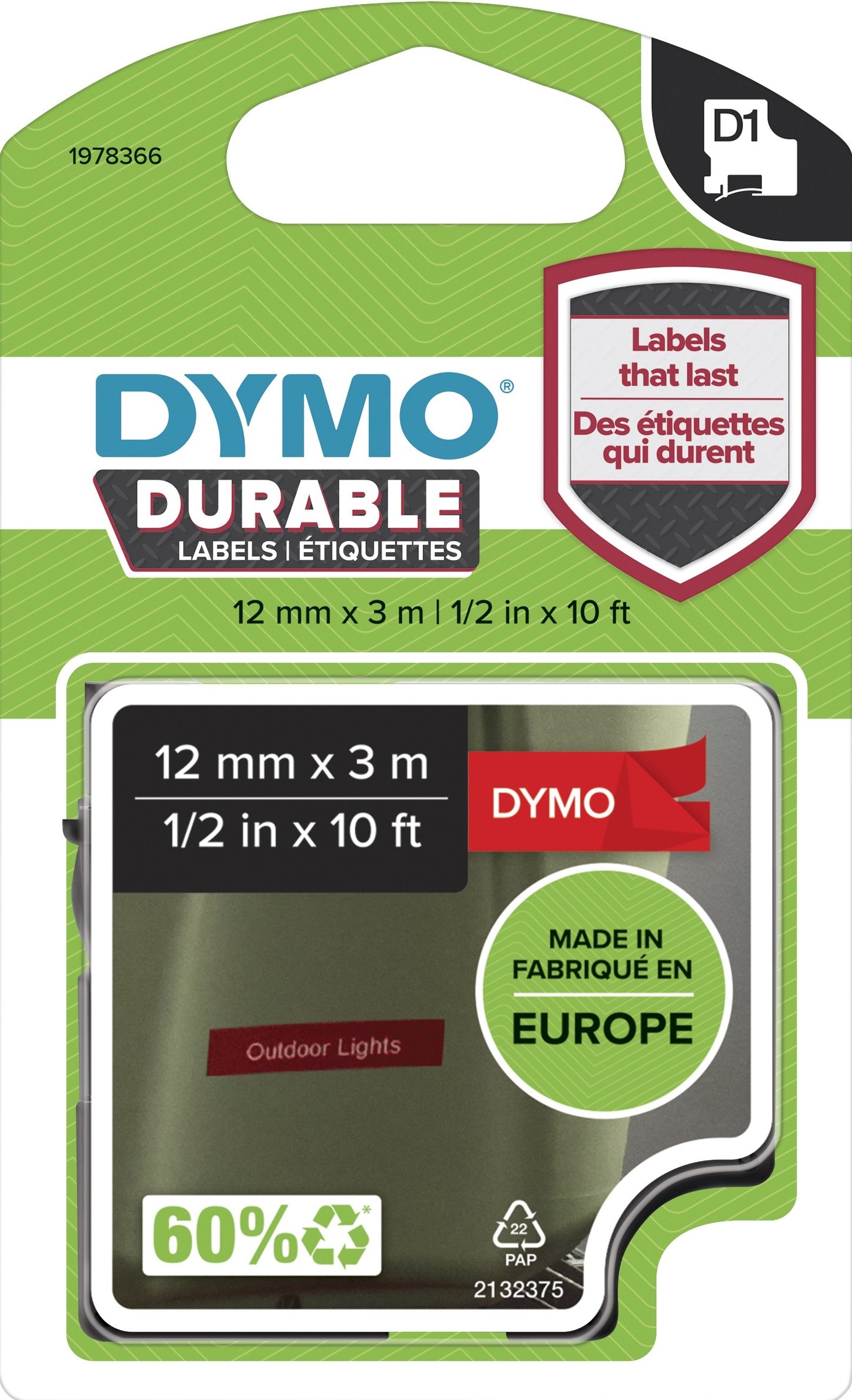 Genuine 1978366 Dymo 12mm x 3m Durable Label Tape White on Red