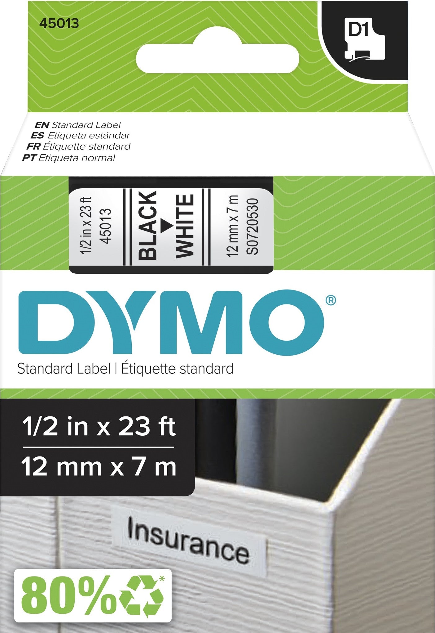S0720530 Dymo D1 12mm x 7m Black on White (45013)