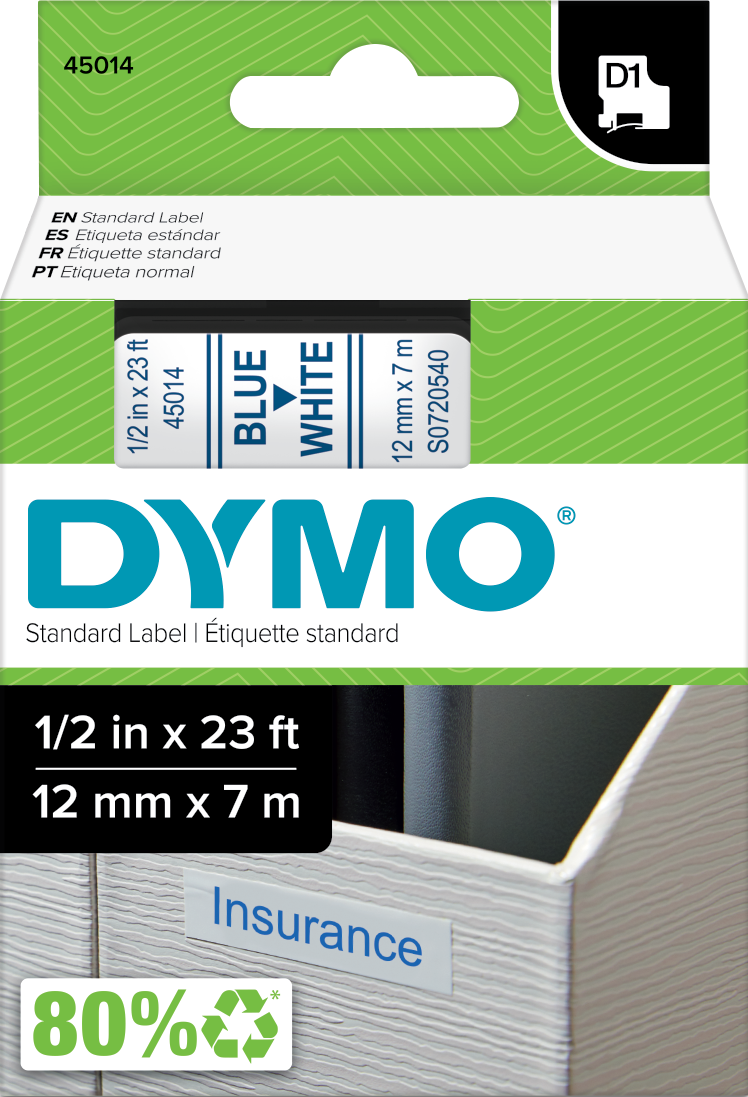 S0720540 Dymo D1 12mm x 7m Label Tape Blue on White (45014)