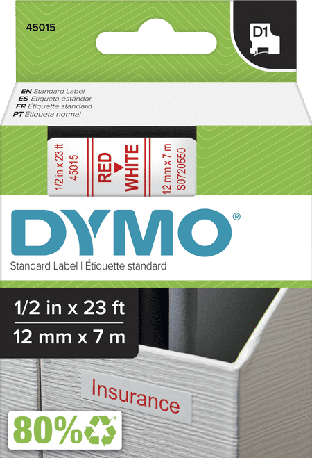 Genuine S0720550 Dymo D1 12mm x 7m Label Tape Red on White (45015)
