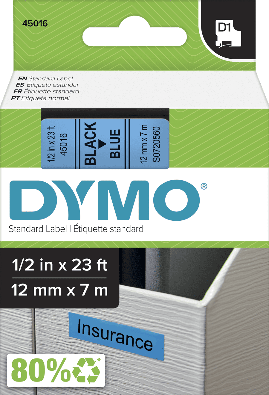 S0720560 Dymo D1 12mm x 7m Label Tape Black on Blue (45016)