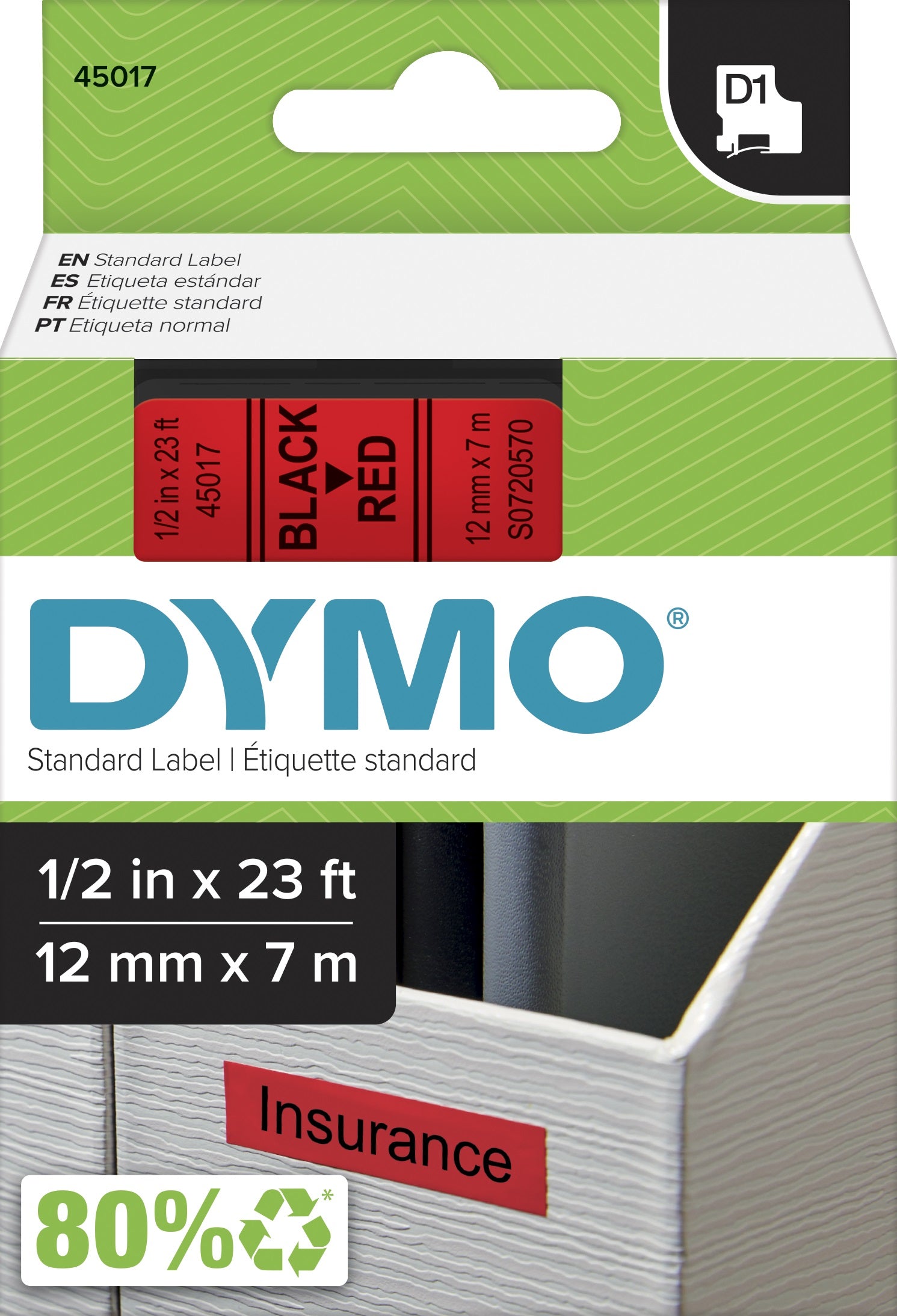 S0720570 Dymo D1 12mm x 7m Label Tape Black on Red (45017)