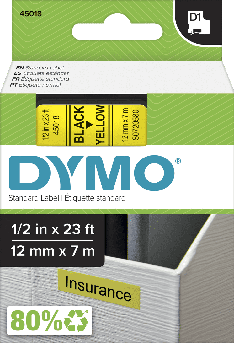 S0720580 Dymo D1 12mm x 7m Label Tape Black on Yellow (45018)