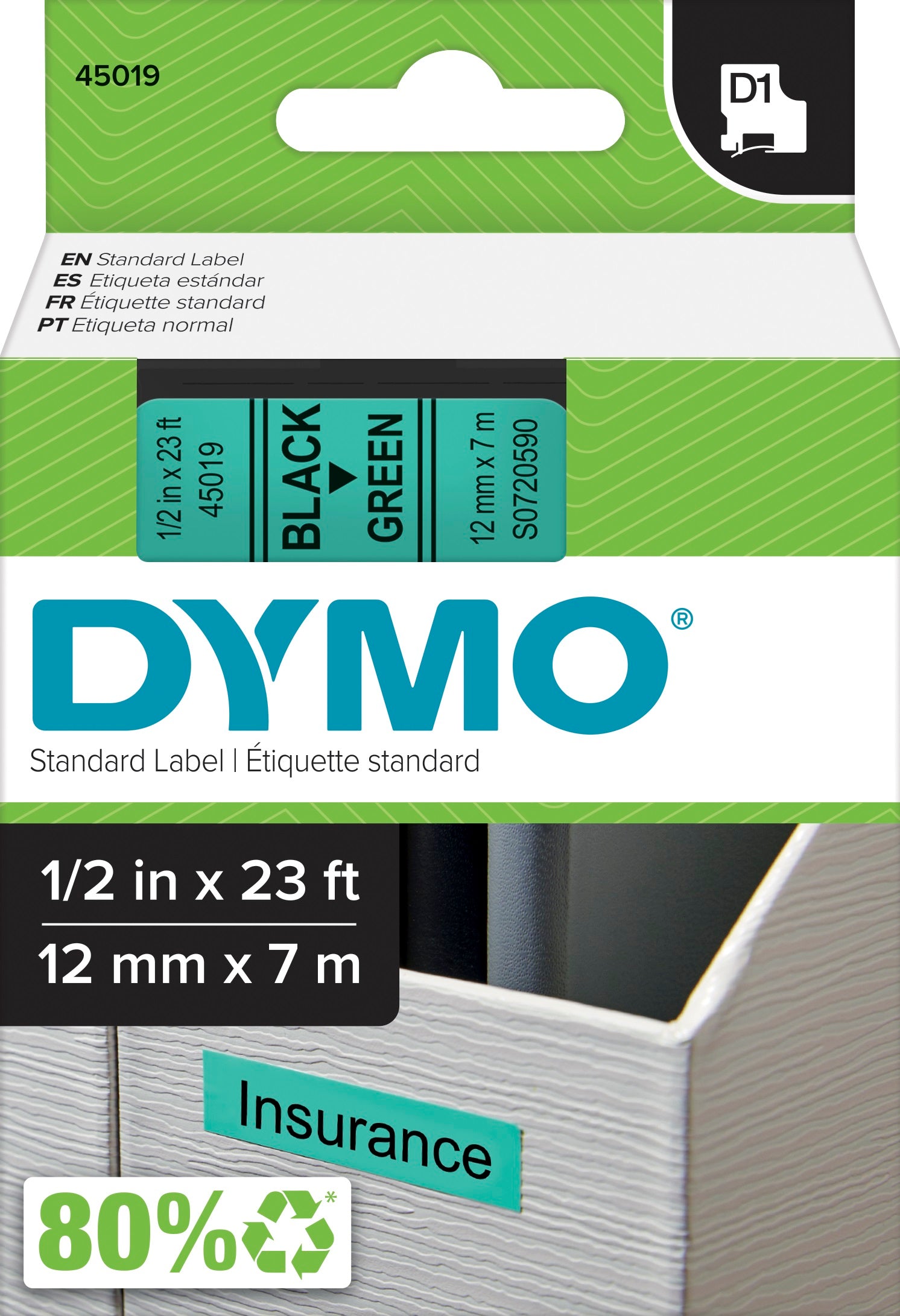 S0720590 Dymo D1 12mm x 7m Label Tape Black on Green (45019)