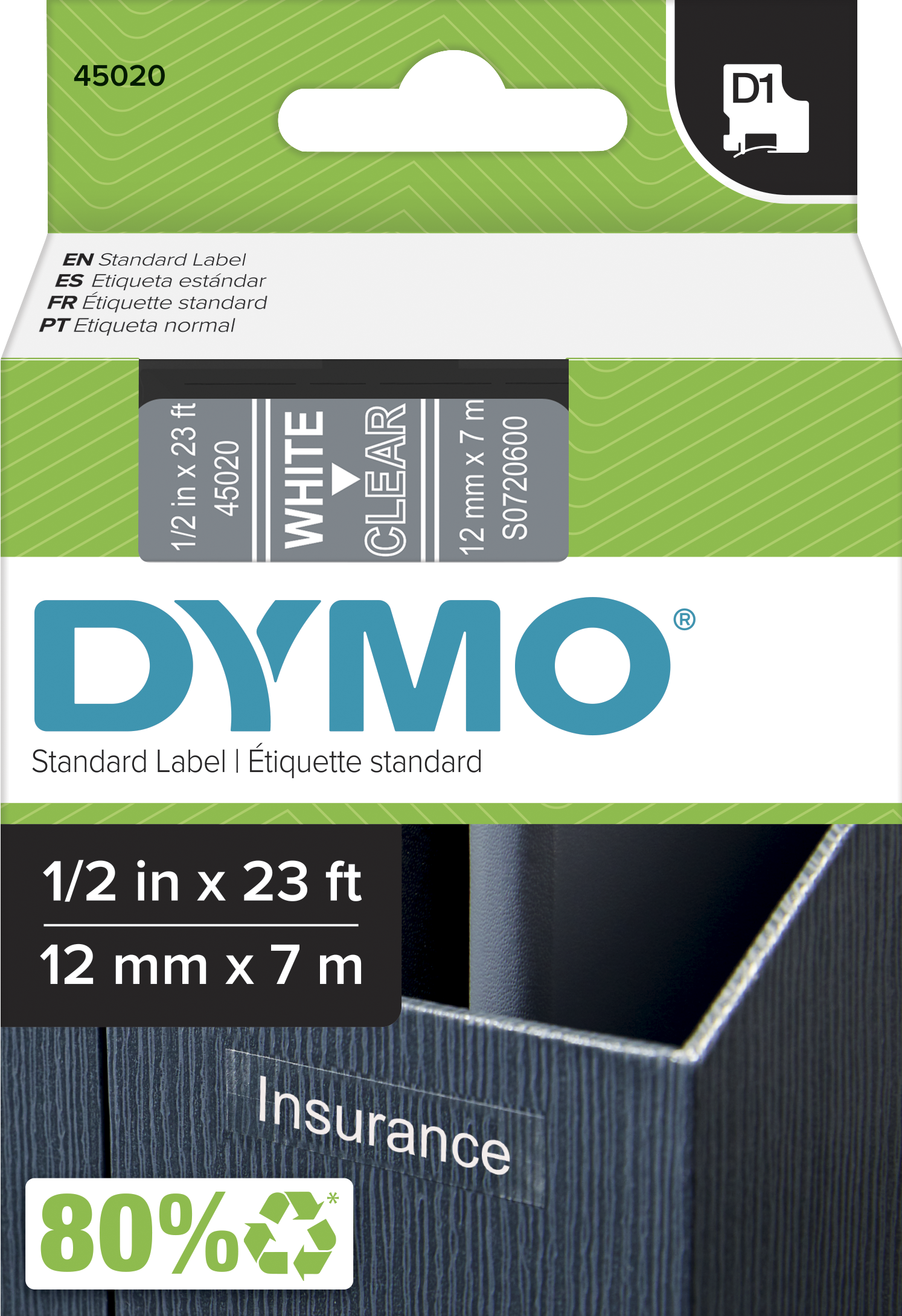 S0720600 Dymo D1 12mm x 7m Label Tape White on Clear (45020)