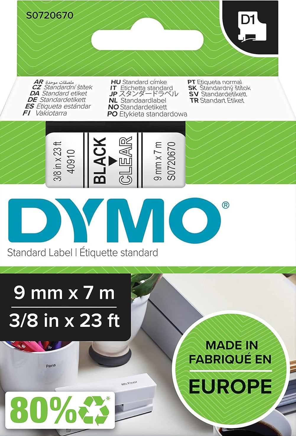S0720670 Dymo D1 9mm x 7m Label Tape Black on Clear (40910)