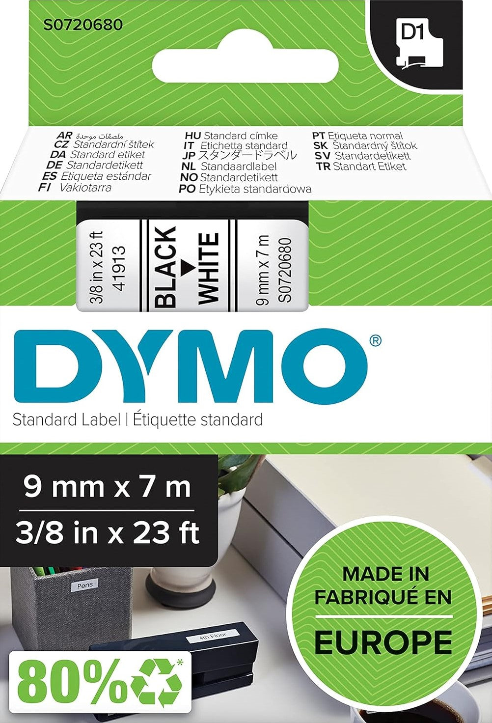 Genuine S0720680 Dymo D1 9mm x 7m Black on White (40913)